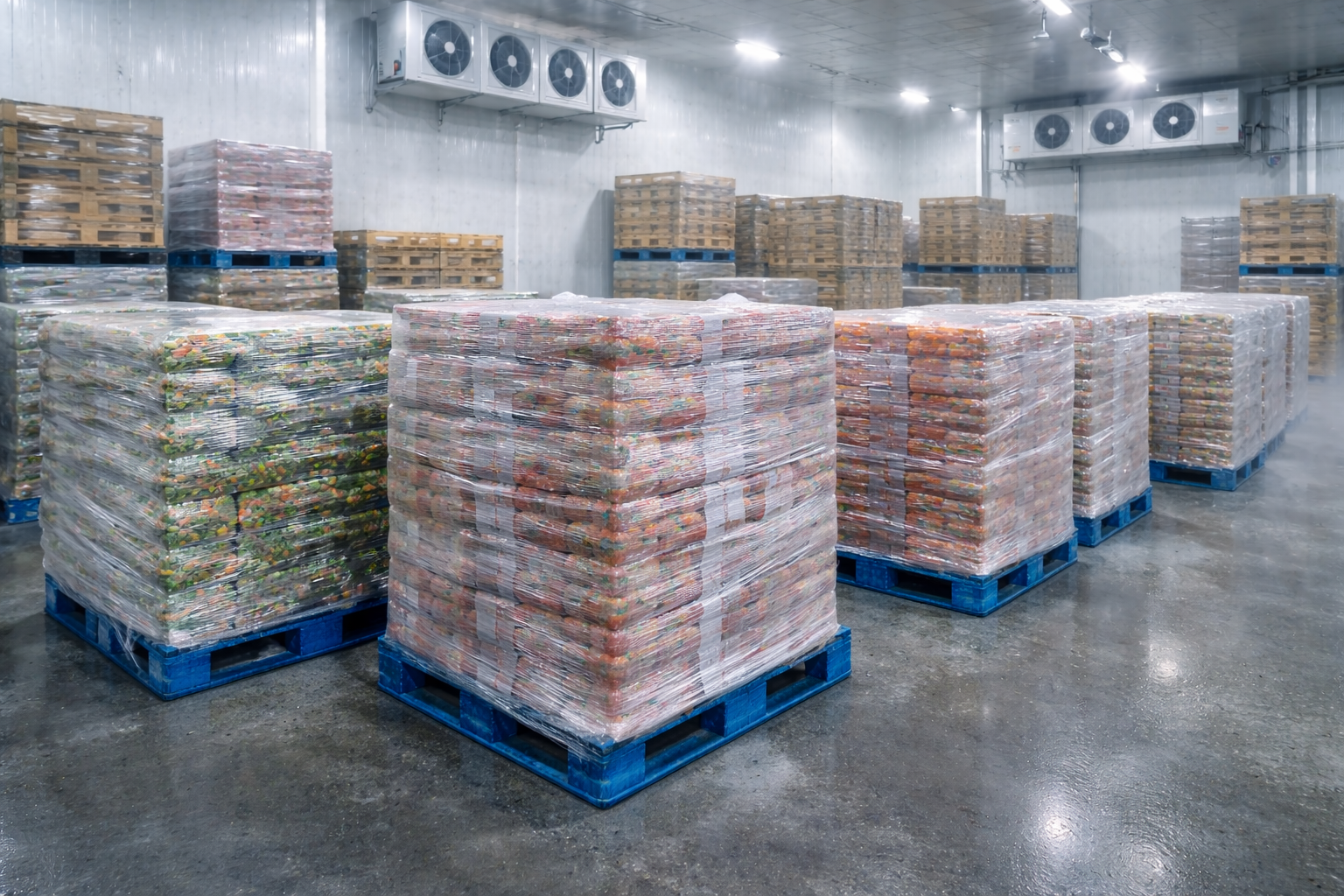 Storage warehouse with pallets of goods under refrigeration units