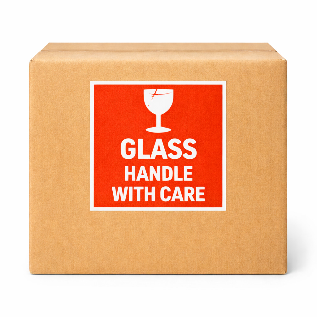 Brown cardboard box with a red label warning 'Glass Handle with Care' on a white background