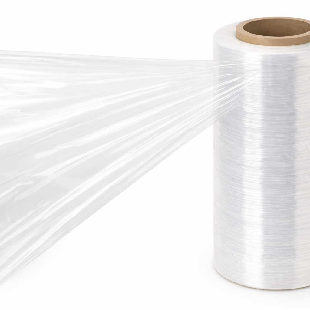 Roll of clear plastic wrap on a white background