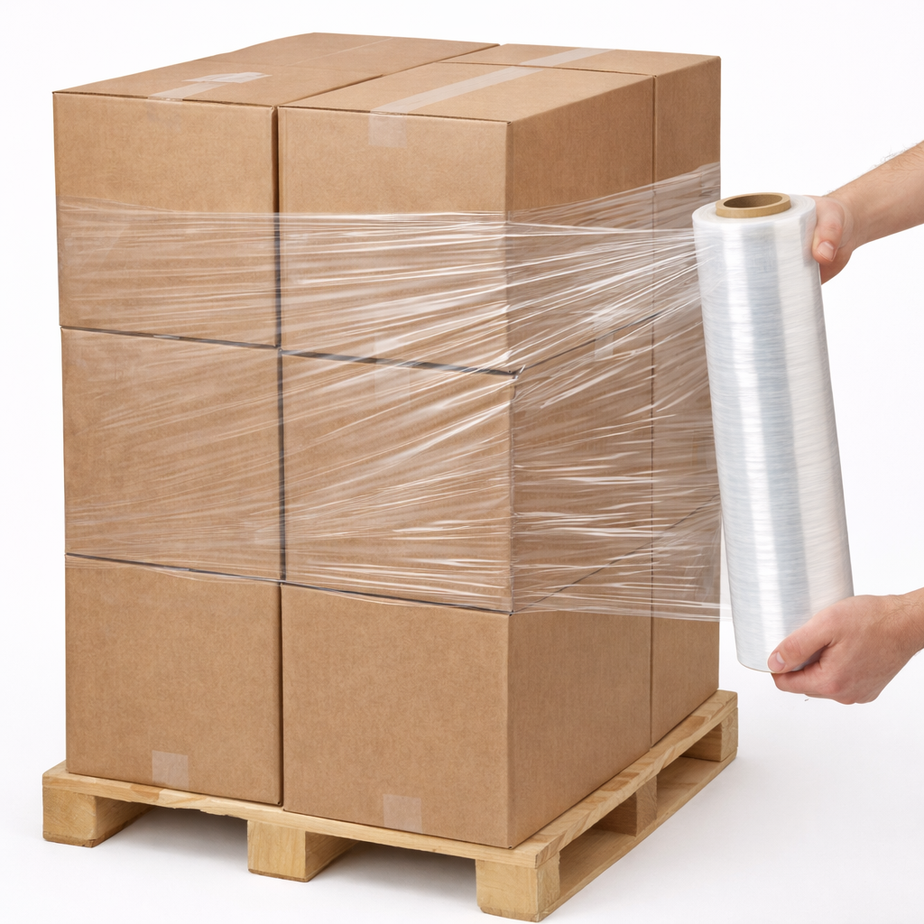 Stack of cardboard boxes on a pallet with clear plastic wrap being applied.