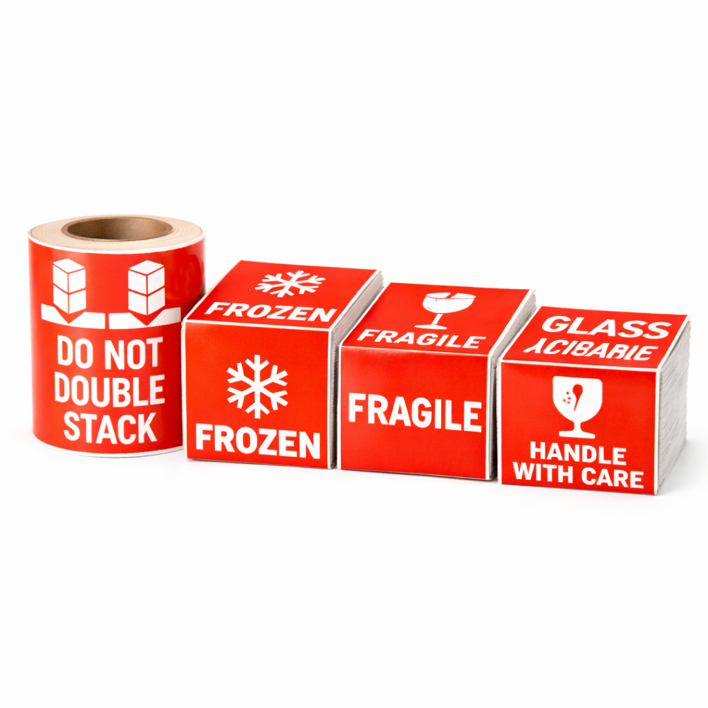 Set of red shipping labels with text and symbols on a white background