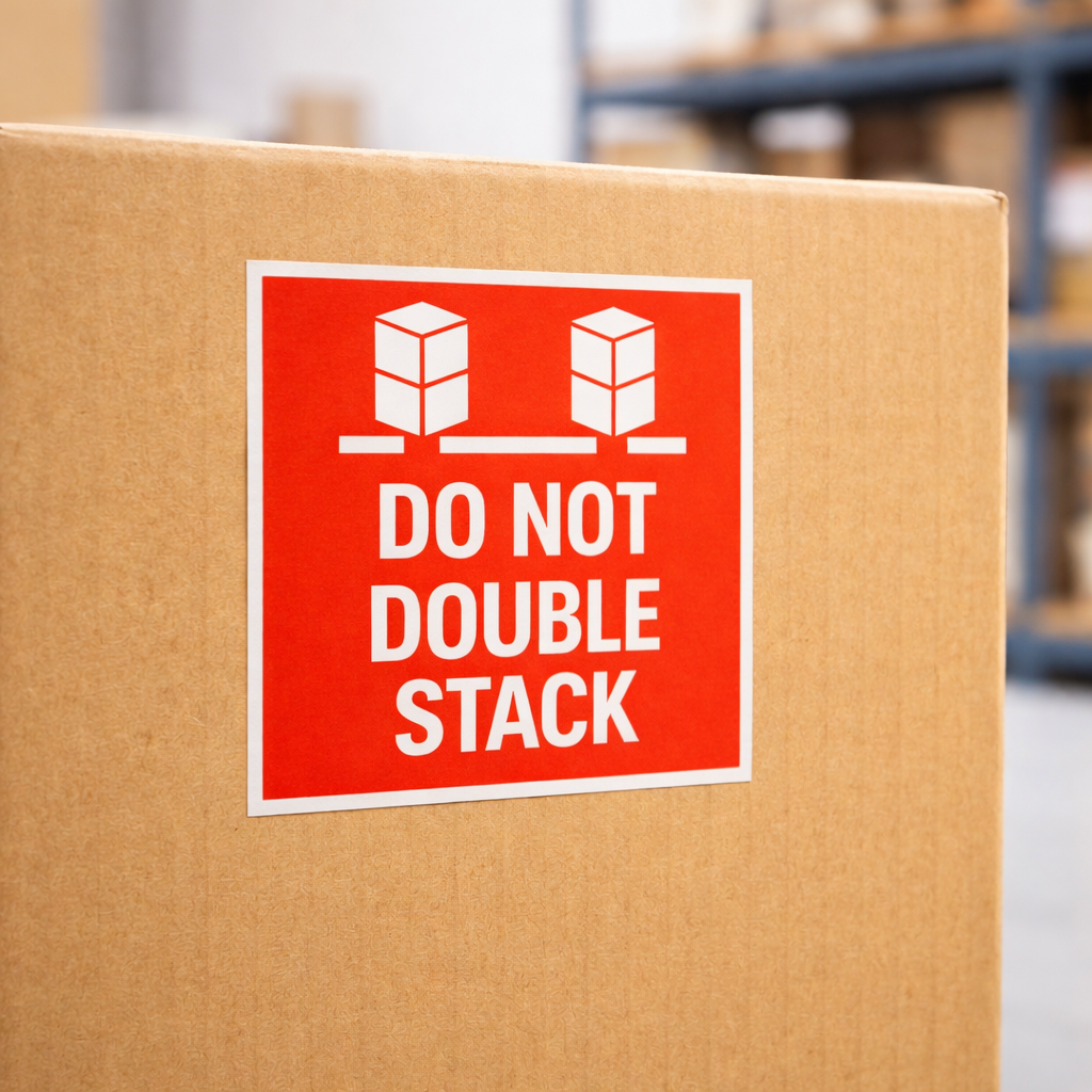 Cardboard box with a 'Do Not Double Stack' label in a warehouse setting