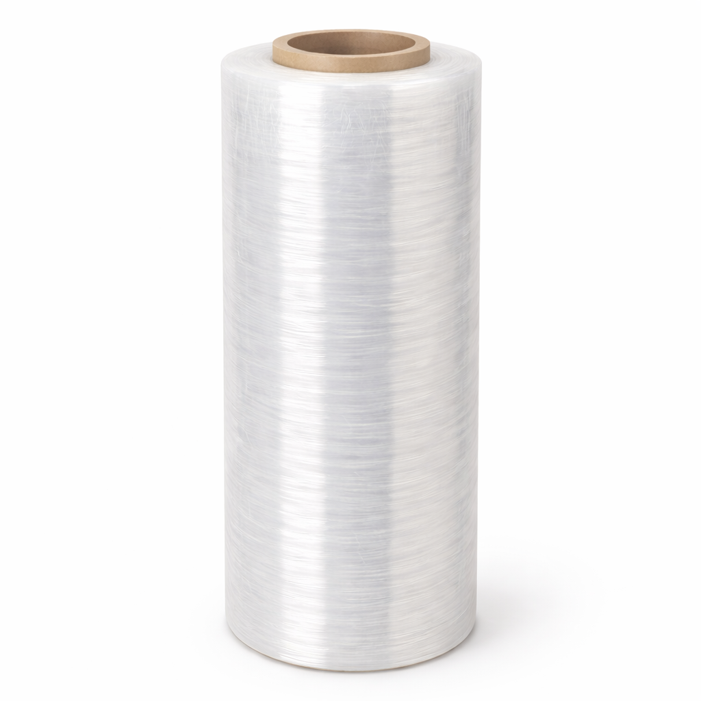 Roll of white machine shrink wrap on a white background