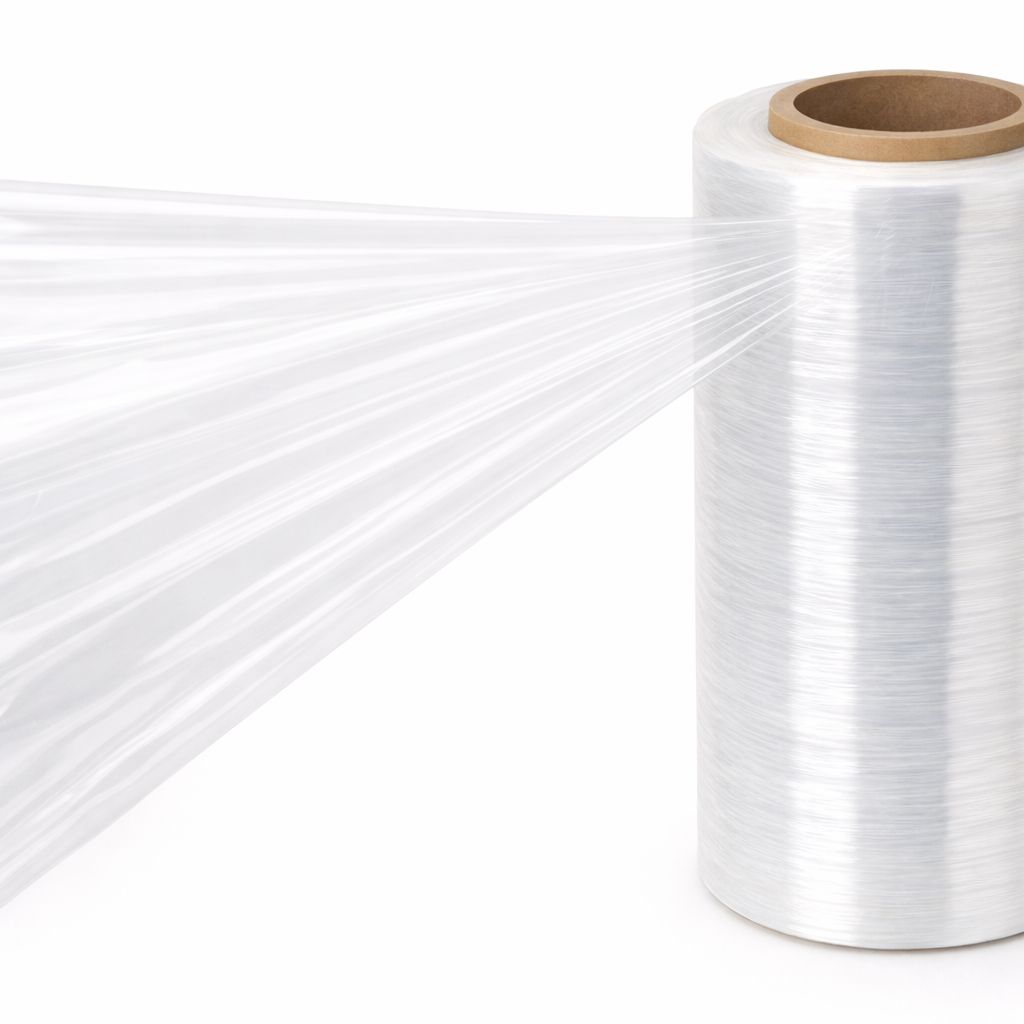 Roll of clear machine plastic wrap on a white background