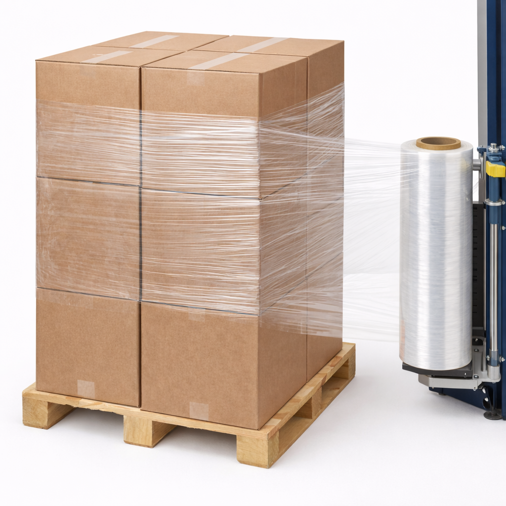 Stack of cardboard boxes on a pallet with machine shrink wrap and a shrink wrap machine.