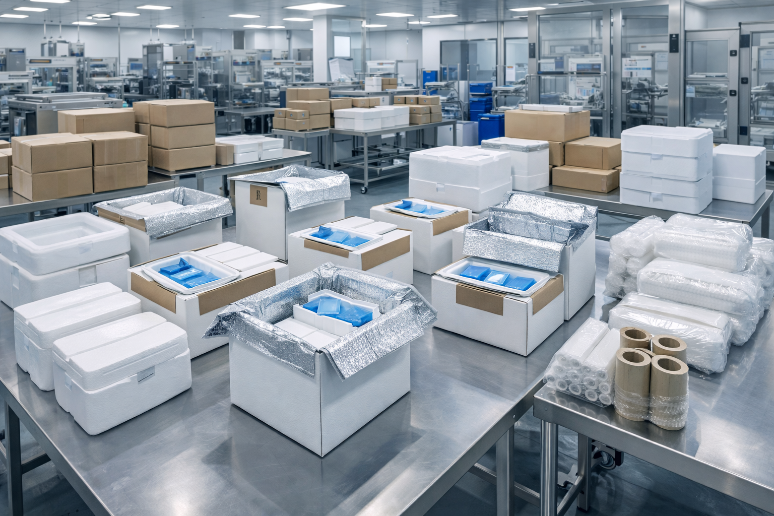 Packaging area with boxes and materials in a factory setting