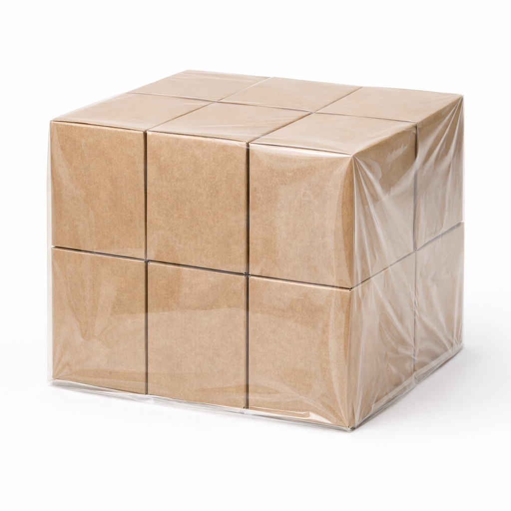 Beige cube-shaped heat shrink film with a textured surface on a white background