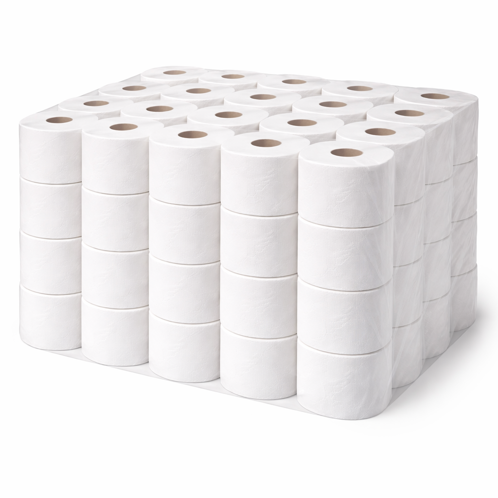 Multiple rolls of white toilet paper stacked on a white background