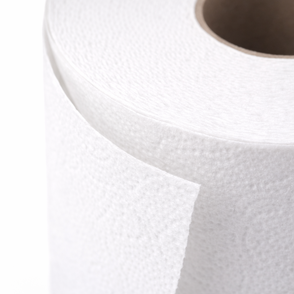 Close-up of a roll of white toilet paper on a white background