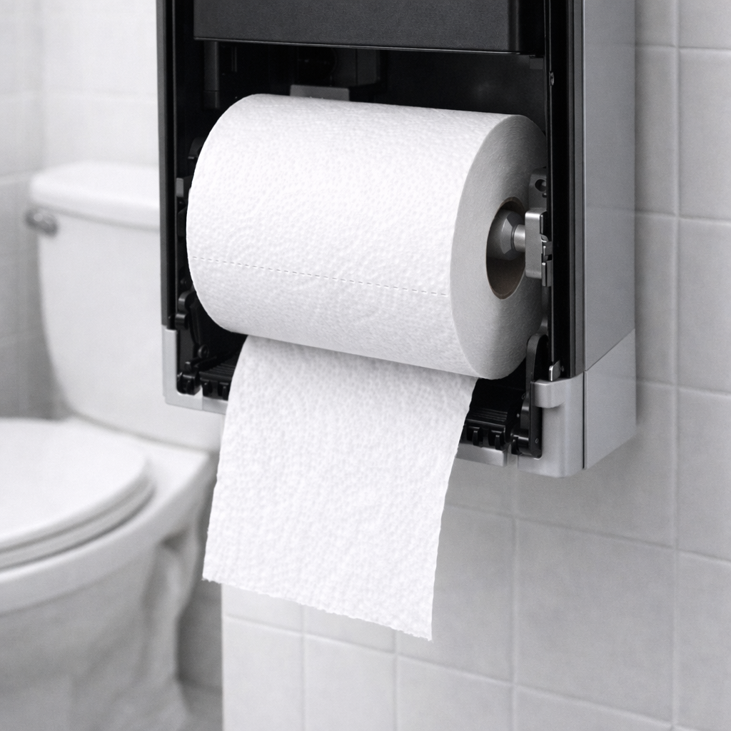 Toilet paper roll on a holder in a bathroom setting