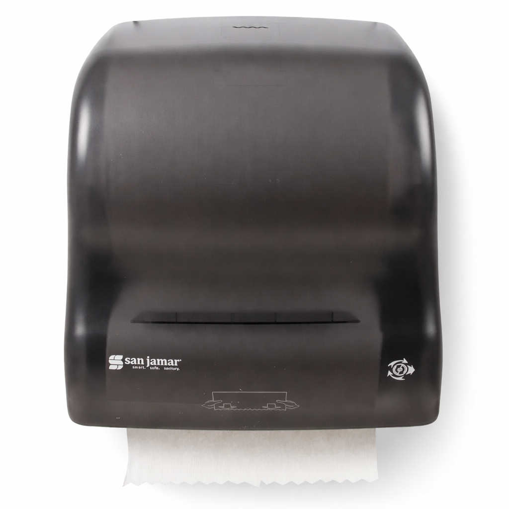 Black paper towel dispenser with San Jamar logo on a white background