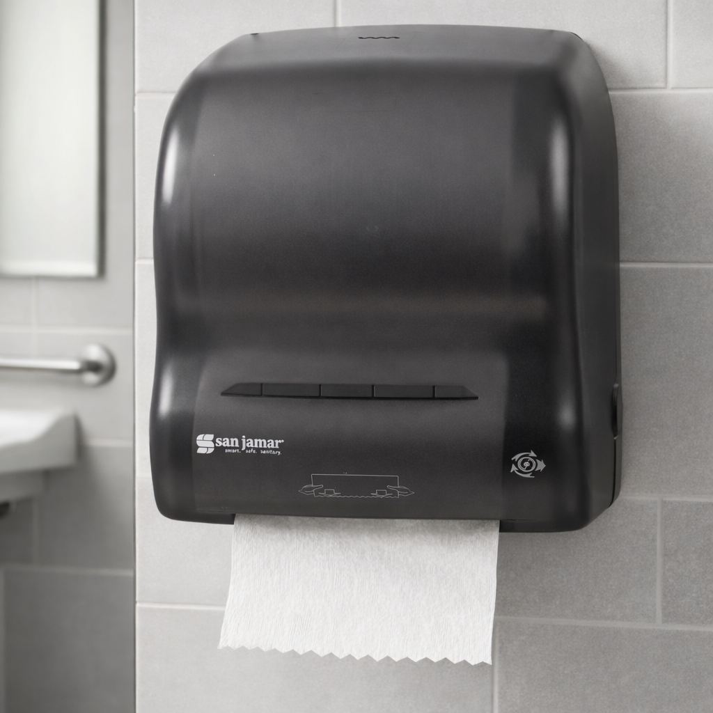 Black paper towel dispenser mounted on a tiled bathroom wall with a roll of paper towels.