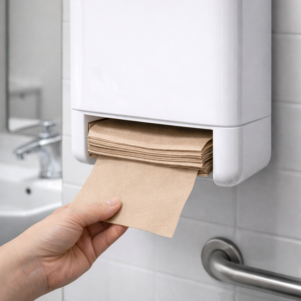 Hand pulling a brown paper towel from a white dispenser in a bathroom.