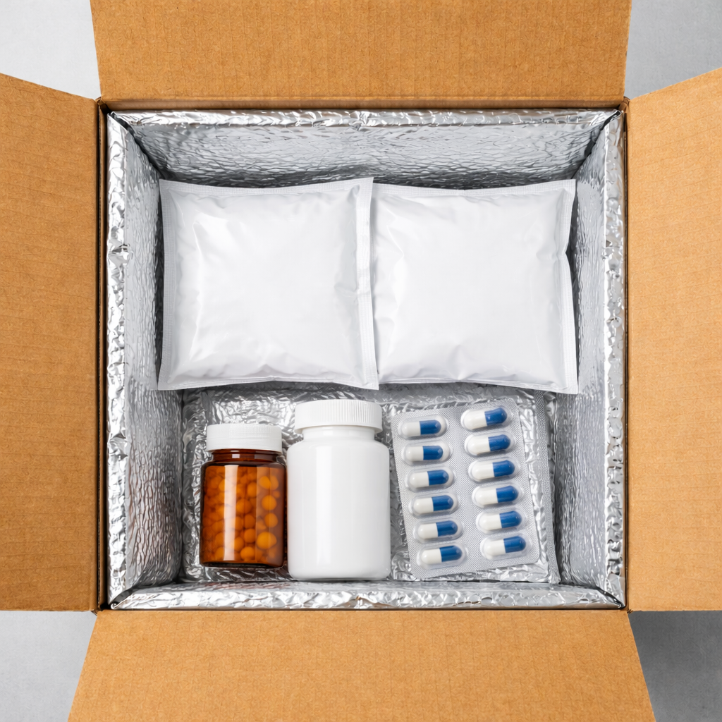 Open cardboard box with insulated lining containing medical supplies including bottles and packets.