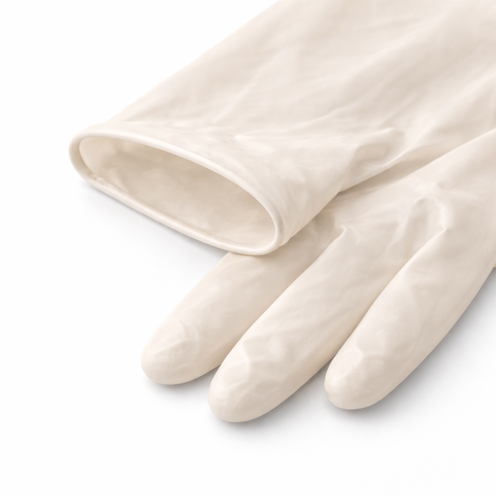 Pair of white gloves on a light gray background