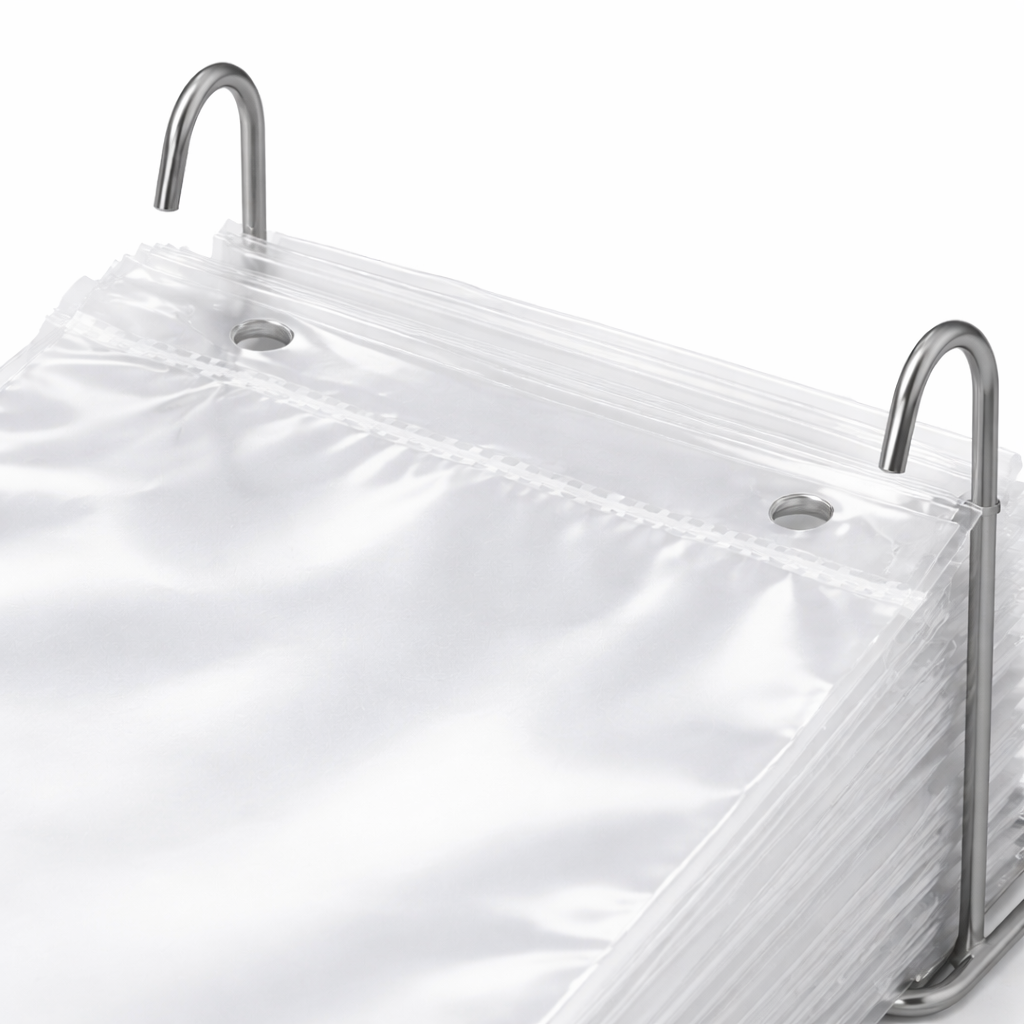 Stack of clear plastic bags with metal hooks on a white background